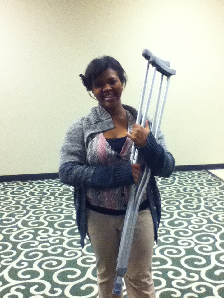 Girl healed at are mens group as she walked by Jesus touched her through prayer . she left carring her crutches!!!!